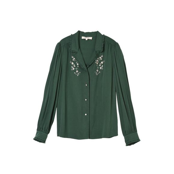 Simple retro Convallaria Floral Embroidered Shirt SZ XL Green Puff Top - Picture 1 of 7